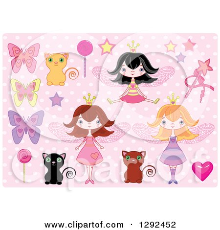 Clipart of Fairy Princess Girls, Cats, Butterflies and Candy over Pink Polka Dots - Royalty Free Vector Illustration by Pushkin