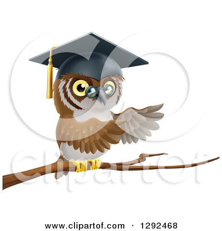Clipart of a Perched Professor Owl Presenting with His Wings from a Tree Branch - Royalty Free Vector Illustration by AtStockIllustration