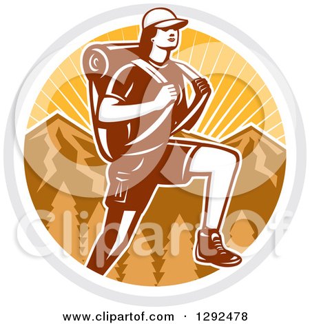 Clipart of a Retro Woodcut Female Hiker over Mountains and Sunshine in a Circle - Royalty Free Vector Illustration by patrimonio