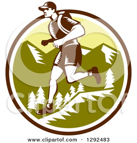 Clipart of a Retro Woodcut Male Cross Country Runner over Mountains in a Brown White and Green Circle - Royalty Free Vector Illustration by patrimonio