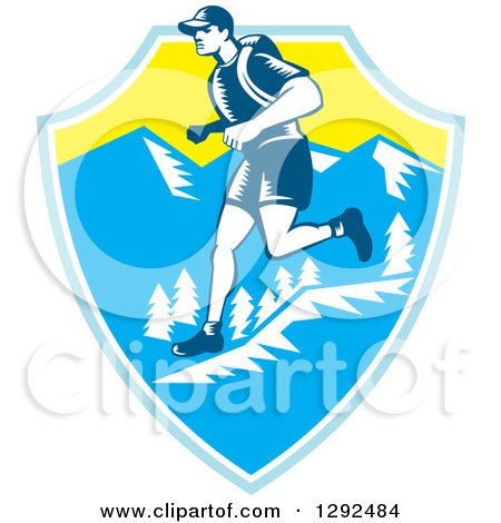 Clipart of a Retro Woodcut Male Cross Country Runner over Mountains in a Blue White and Yellow Shield - Royalty Free Vector Illustration by patrimonio