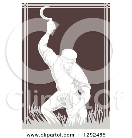 Clipart of a Retro Woodcut Male Farmer Harvesting Wheat with a Scythe in Brown and Gray - Royalty Free Vector Illustration by patrimonio