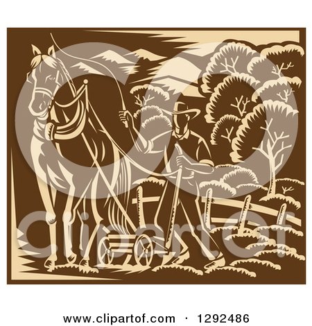 Clipart of a Retro Woodcut Horse and Farmer Plowing a Field in Tan and Brown - Royalty Free Vector Illustration by patrimonio