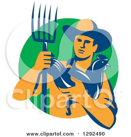 Clipart of a Retro Male Farmer Holding a Hen and Pitchfork over a Green Circle - Royalty Free Vector Illustration by patrimonio