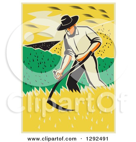 Clipart of a Retro Male Famer Using a Scythe and Harvesting a Crop - Royalty Free Vector Illustration by patrimonio