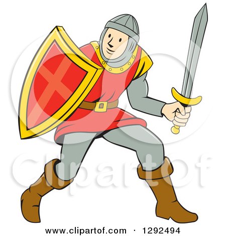 Clipart of a Cartoon Male Knight in Armor, Holding a Sword and Shield - Royalty Free Vector Illustration by patrimonio