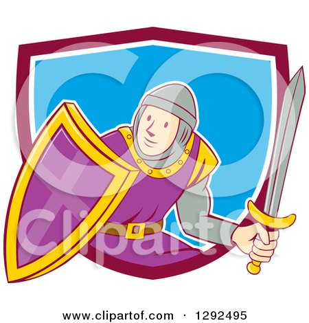 Clipart of a Cartoon Male Knight in Armor, Holding a Sword and Shield and Emerging from a Maroon White and Blue Shield - Royalty Free Vector Illustration by patrimonio