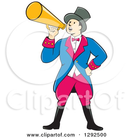 Clipart of a Cartoon White Male Circus Ringmaster Announcing Through a Bullhorn - Royalty Free Vector Illustration by patrimonio