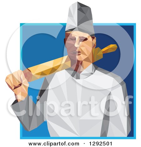 Clipart of a Geometric White Male Chef or Baker with a Rolling Pin over His Shoulder in a Blue Square - Royalty Free Vector Illustration by patrimonio
