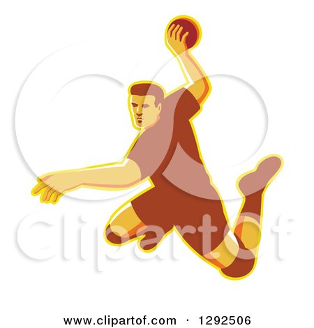 Clipart of a Retro Jumping Male Handball Player Preparing to Throw the Ball - Royalty Free Vector Illustration by patrimonio