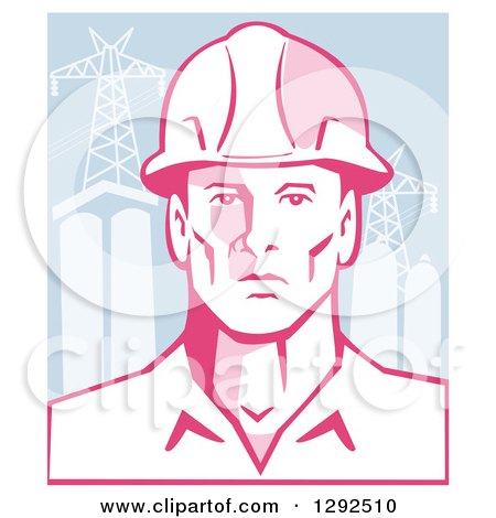 Clipart of a Retro Male Engineer Wearing a Hardhat over Power Pylons and Buildings - Royalty Free Vector Illustration by patrimonio