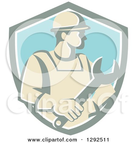 Clipart of a Retro Male Construction Worker Holding a Giant Wrench in a Pastel Shield - Royalty Free Vector Illustration by patrimonio