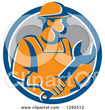 Clipart of a Retro Orange Male Construction Worker Holding a Giant Wrench in a Blue White and Gray Circle - Royalty Free Vector Illustration by patrimonio