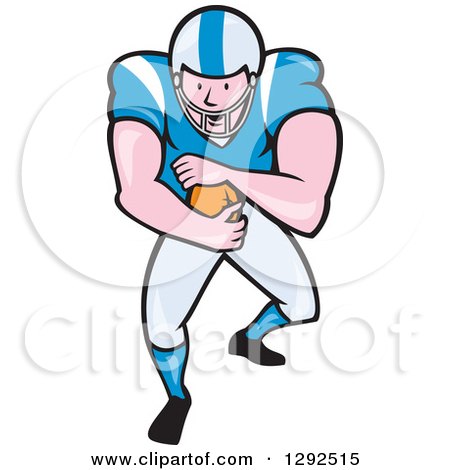 Clipart of a Cartoon White Male American Football Player Running Back in a Blue and White Uniform - Royalty Free Vector Illustration by patrimonio
