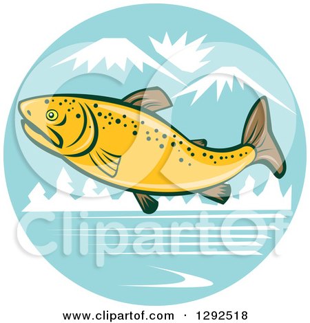 Clipart of a Cartoon Brown Trout Fish Leaping over a River in the Mountains - Royalty Free Vector Illustration by patrimonio
