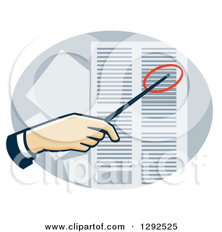 Clipart of a White Hand Using a Pointer to Direct Attention to a Data Sheet - Royalty Free Vector Illustration by patrimonio