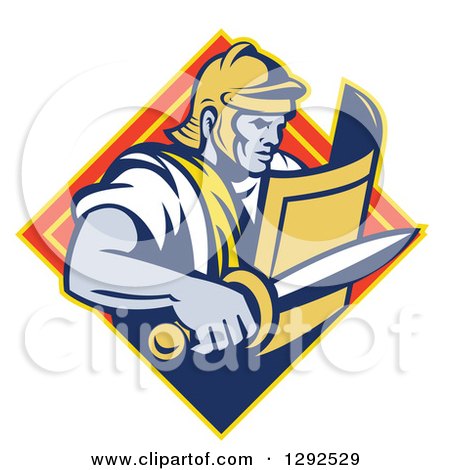Clipart of a Retro Centurian Roman Soldier Emerging from a Yellow and Orange Diamond - Royalty Free Vector Illustration by patrimonio