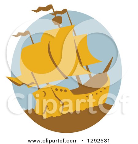 Clipart of a Retro Yellow and Brown Galleon Ship in an Oval - Royalty Free Vector Illustration by patrimonio