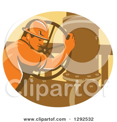 Clipart of a Retro Male Gas Worker Closing a Valve in an Oval - Royalty Free Vector Illustration by patrimonio