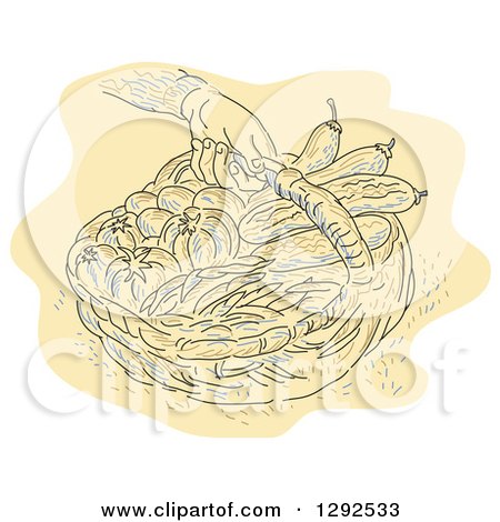Clipart of a Sketched Hand Holding a Basket of Freshly Harvested Vegetables - Royalty Free Vector Illustration by patrimonio