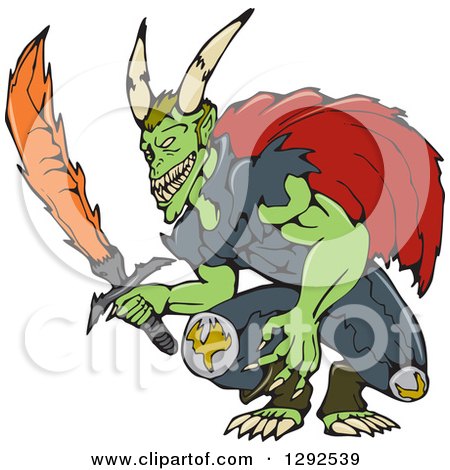 Clipart of a Cartoon Green Horned Demon Holding a Fire Sword - Royalty Free Vector Illustration by patrimonio
