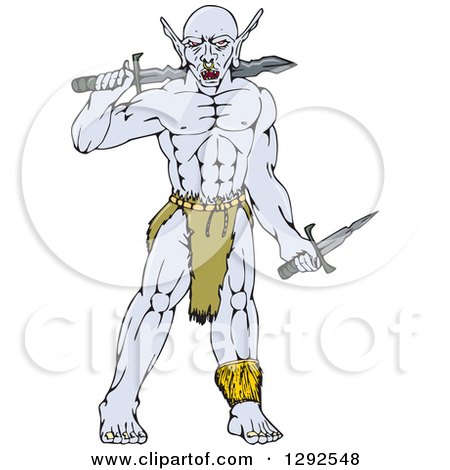 Clipart of a Cartoon Warrior Orc with a Sword and Knife - Royalty Free Vector Illustration by patrimonio
