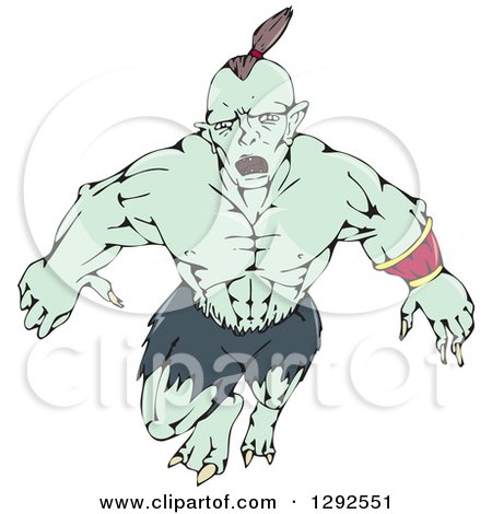 Clipart of a Cartoon Orc Warrior Jumping - Royalty Free Vector Illustration by patrimonio