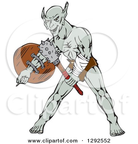 Clipart of a Cartoon Warrior Orc with a Shield and Club - Royalty Free Vector Illustration by patrimonio