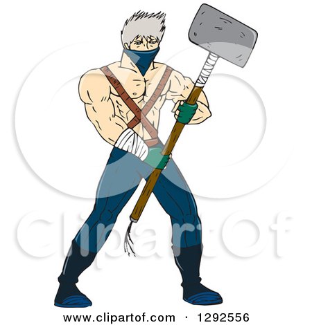Clipart of a Cartoon Shirtless Ninja Warrior Holding a Sledghammer - Royalty Free Vector Illustration by patrimonio