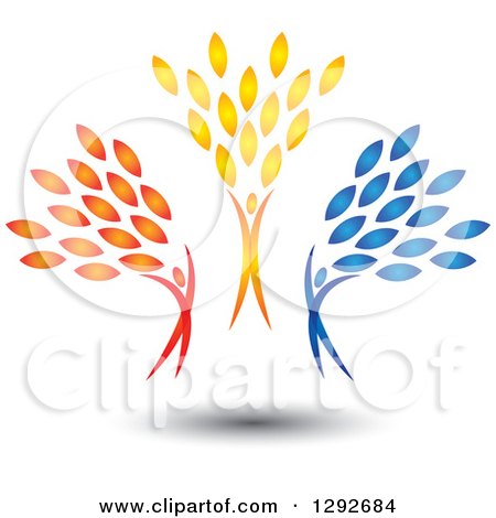 Clipart of a Happy Group of Red Orange and Blue Cheering and Jumping People with Leaves - Royalty Free Vector Illustration by ColorMagic