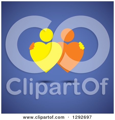 Clipart of a Yellow and Orange Embracing Heart Shaped Couple over Blue - Royalty Free Vector Illustration by ColorMagic