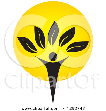 Clipart of a Silhouetted Black Person Forming the Trunk of a Tree with Leaves over a Yellow Sun - Royalty Free Vector Illustration by ColorMagic