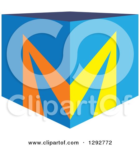 Clipart of a 3d Blue Cubic Box and Letter M on the Corner - Royalty Free Vector Illustration by ColorMagic