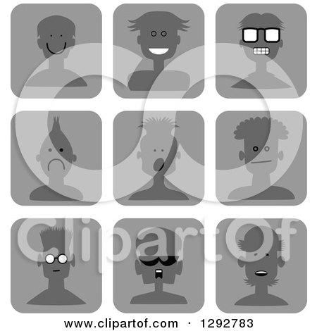Clipart of Grayscale Male Avatar Head Icons with Different Facial Expressions and Hairstyles - Royalty Free Vector Illustration by Prawny