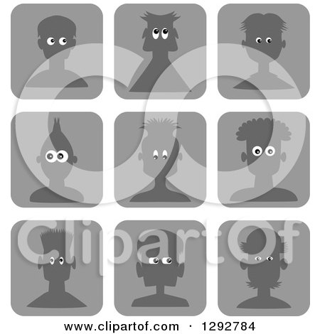 Clipart of Grayscale Male Avatar Head Icons with Different Eyes and Hairstyles - Royalty Free Vector Illustration by Prawny