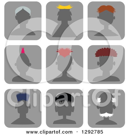 Clipart of Silhouetted Male Avatar Head Icons with Different Colored Hairstyles - Royalty Free Vector Illustration by Prawny