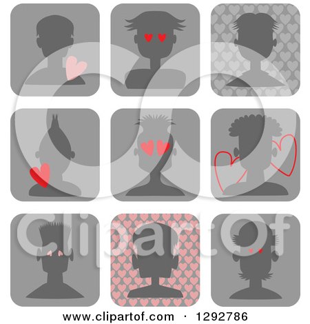 Clipart of Silhouetted Male Avatar Head Icons with Different Hearts and Hairstyles - Royalty Free Vector Illustration by Prawny