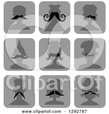 Clipart of Silhouetted Grayscale Male Avatar Head Icons with Different Mustaches and Hairstyles - Royalty Free Vector Illustration by Prawny