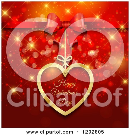 Clipart of a 3d Gift Bow over a Happy Valentines Day Tag with Bokeh Flares and Sparkles on Red - Royalty Free Vector Illustration by KJ Pargeter