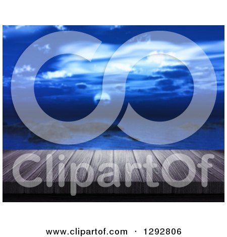 Clipart of a 3d Close up of a Dock or Deck with a View of the Ocean at Night - Royalty Free Illustration by KJ Pargeter