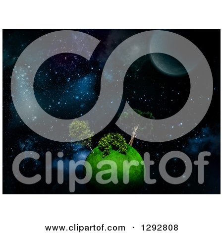 Clipart of a 3d Green Planet with Trees Floating in Outer Space - Royalty Free Illustration by KJ Pargeter
