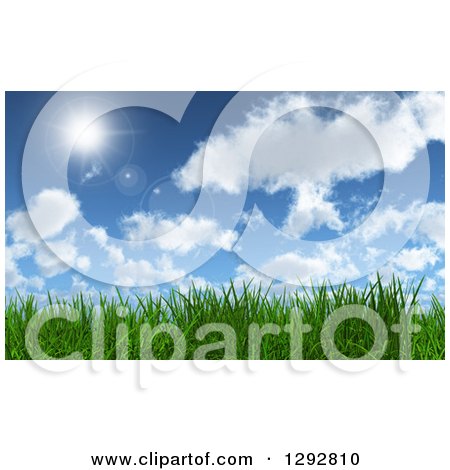 Background of 3d Green Grass Under a Blue Sky with Clouds and a Shining Sun Posters, Art Prints