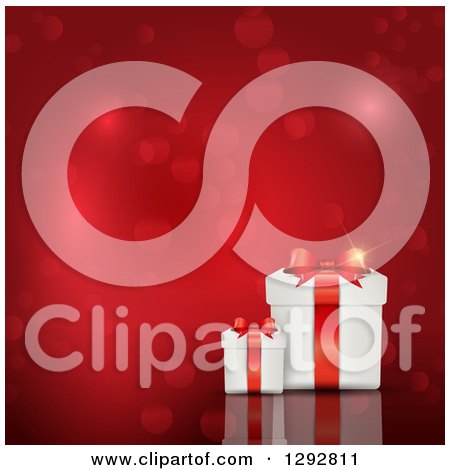 Clipart of 3d Valentines Day, Christmas, Birthday or Anniversary Gift Boxes with Bokeh Flares on Red - Royalty Free Vector Illustration by KJ Pargeter