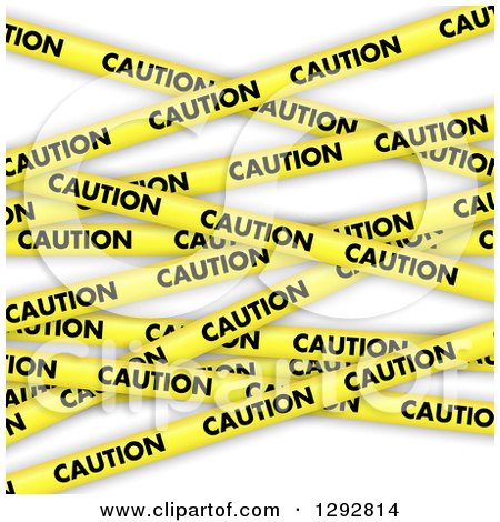 Clipart of a Background of 3d Diagonal Yellow Caution Tapes on White - Royalty Free Vector Illustration by KJ Pargeter