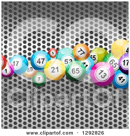 Clipart of 3d Colorful Bingo or Lottery Balls over Perforated Metal - Royalty Free Vector Illustration by elaineitalia