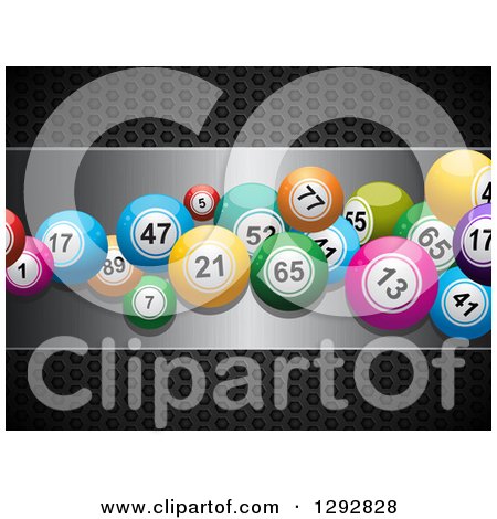 Clipart of 3d Colorful Bingo or Lottery Balls on a Silver Plaque over Black Perforated Metal - Royalty Free Vector Illustration by elaineitalia