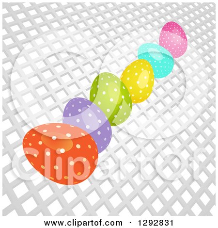 Clipart of a Row of 3d Colorful Polka Dot Easter Eggs on Mesh - Royalty Free Vector Illustration by elaineitalia