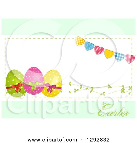 Clipart of a Frame of 3d Easter Eggs, Vines and Heart Bunting with Text on Pastel Green - Royalty Free Vector Illustration by elaineitalia