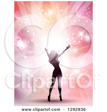 Clipart of a Silhouetted Female Pop Star Celebrity Cheering over Bright Lights, Flares and Pastel Colors - Royalty Free Vector Illustration by KJ Pargeter