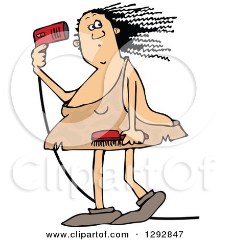 Clipart of a Chubby Cavewoman Blow Drying Her Hair - Royalty Free Vector Illustration by djart